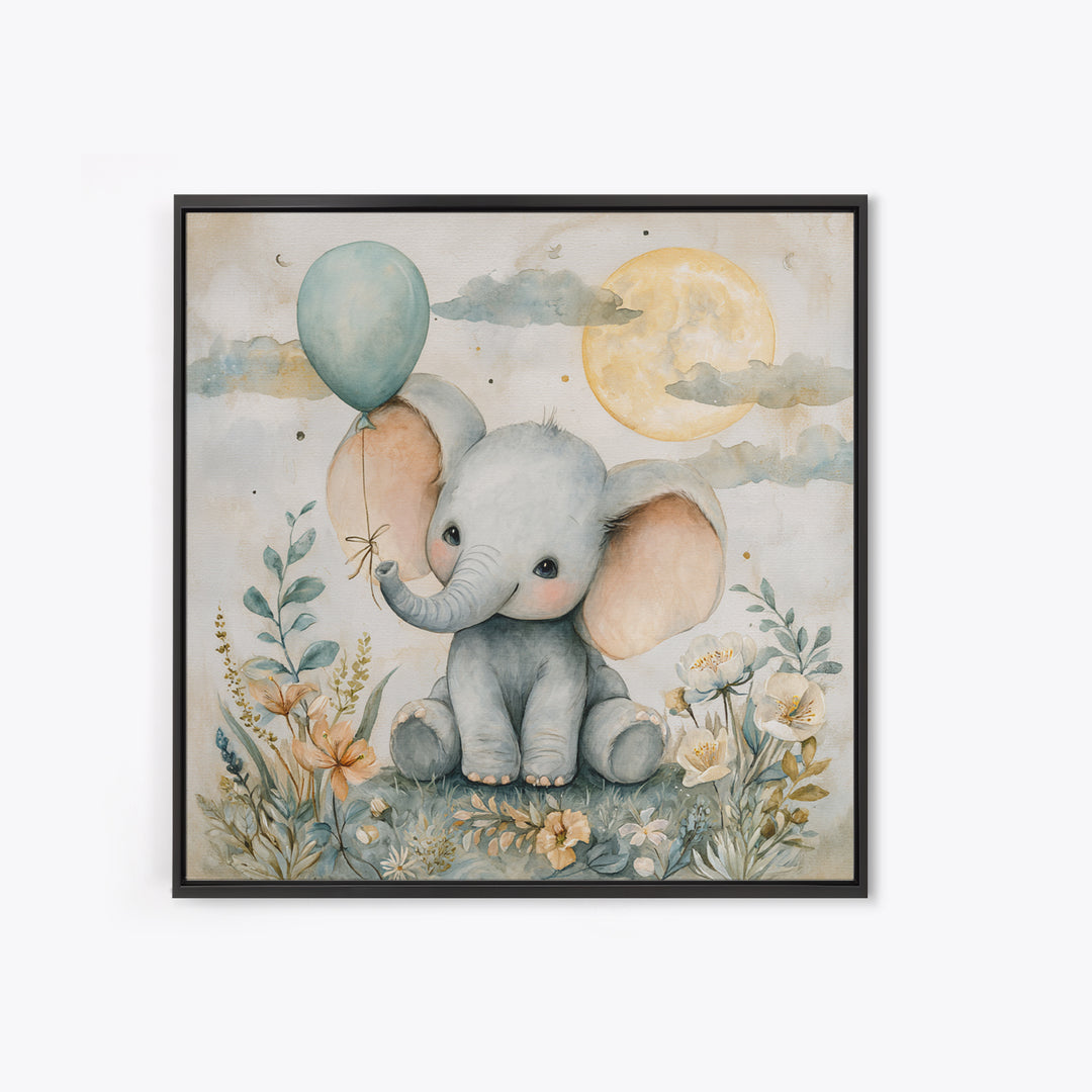Sleepy Baby Elephant Holding a Tiny Balloon Canvas Print, Nursery Art, Wall Art, Nursery Decor, Oil Painting, Nursery, NUR-1x1-97