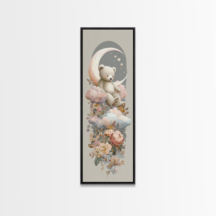 Baby Bear Floating on a Crescent Moon Canvas Print, Nursery Art, Dinosaur Wall Art, Nursery Decor, Fine Art, Nursery, NUR-1x3-18