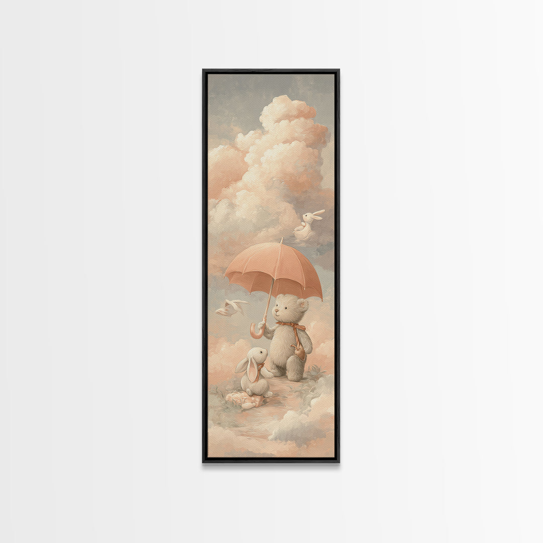 Bear and Rabbit Sharing Umbrella Framed Canvas Print, Nursery Art, Neutral Decor, Nursery Decor, Fine Art, Nursery, Wall Decor, NUR-1x3-29