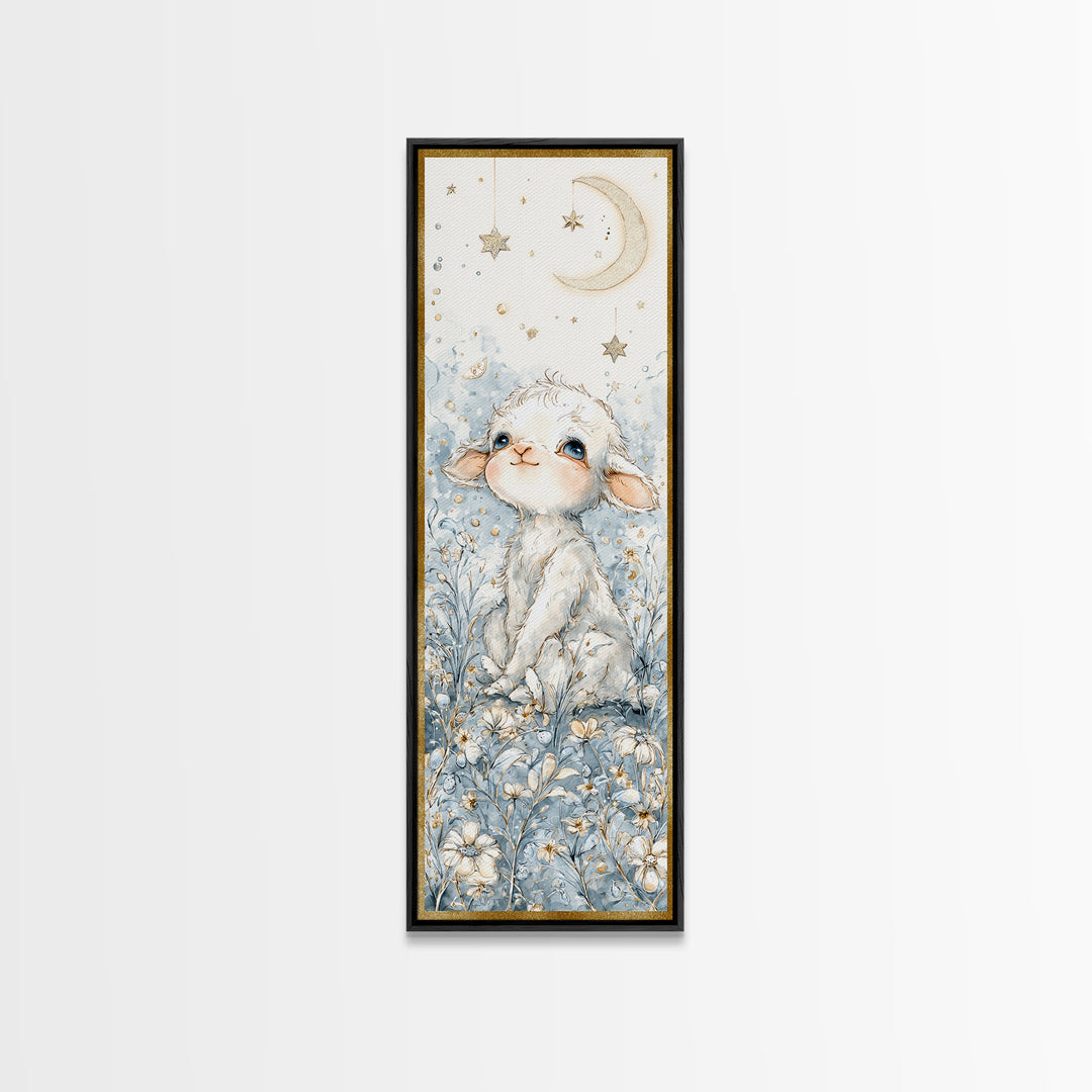 Little Lamb under a Starry Sky Framed Canvas Print, Nursery Art, Wall Hangings, Nursery Decor, Watercolor Art, Nursery, NUR-1x3-31