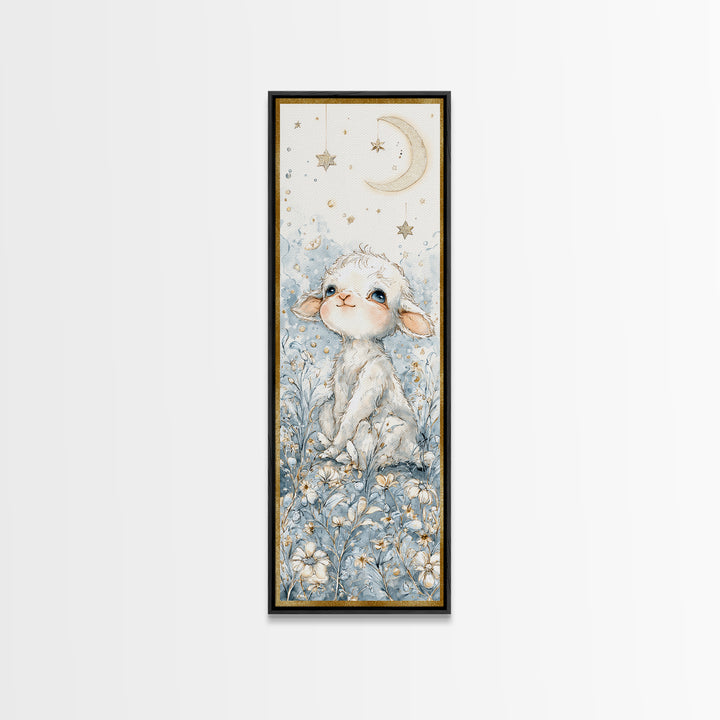 Little Lamb under a Starry Sky Framed Canvas Print, Nursery Art, Wall Hangings, Nursery Decor, Watercolor Art, Nursery, NUR-1x3-31