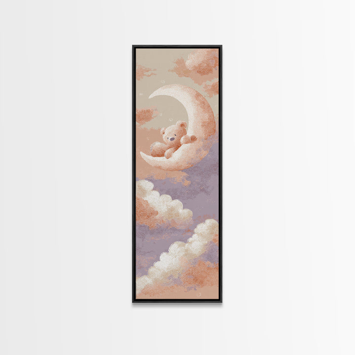 Baby Bear Floating on a Crescent Moon Canvas Print, Nursery Art, Dinosaur Wall Art, Nursery Decor, Fine Art, Nursery, NUR-1x3-42