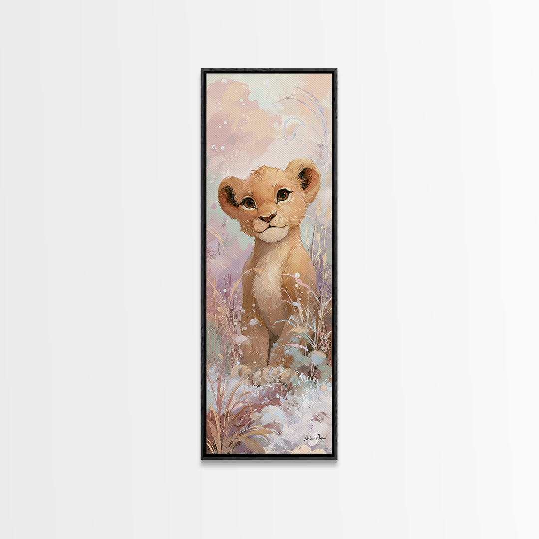 Lion Cub with Soft Golden Mane Framed Canvas Print, Nursery Art, Boho Decor, Nursery Decor, Oil Painting, Nursery, NUR-1x3-45