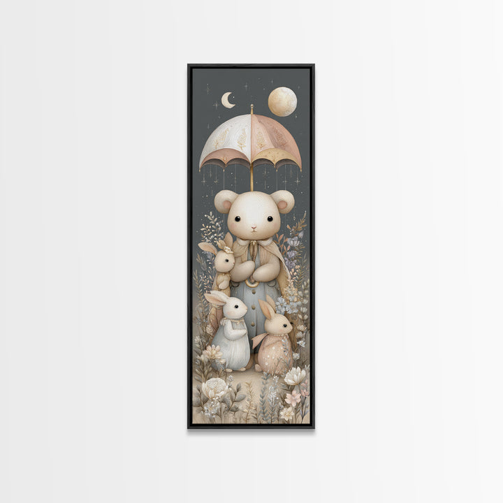 Bear and Rabbit Sharing Umbrella Canvas Print, Nursery Art, Dinosaur Wall Art, Nursery Decor, Fine Art, Nursery, Room Decor, NUR-1x3-5