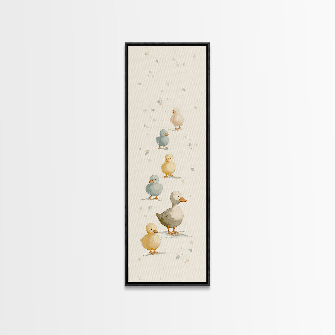 Ducklings Following a Mother Duck Framed Canvas Print, Nursery Art, Woodland Nursery Art, Nursery Decor, Oil Painting, Nursery, NUR-1x3-50
