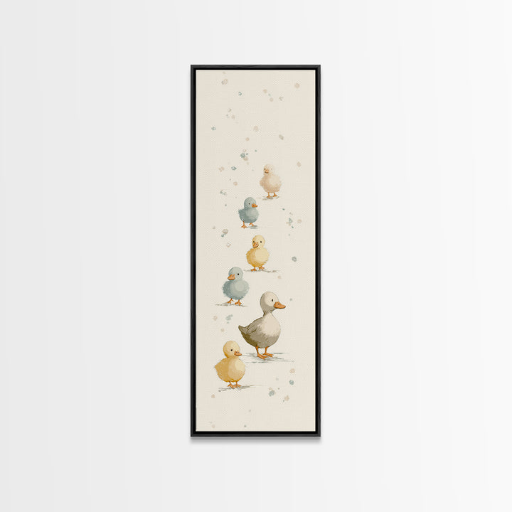Ducklings Following a Mother Duck Framed Canvas Print, Nursery Art, Woodland Nursery Art, Nursery Decor, Oil Painting, Nursery, NUR-1x3-50