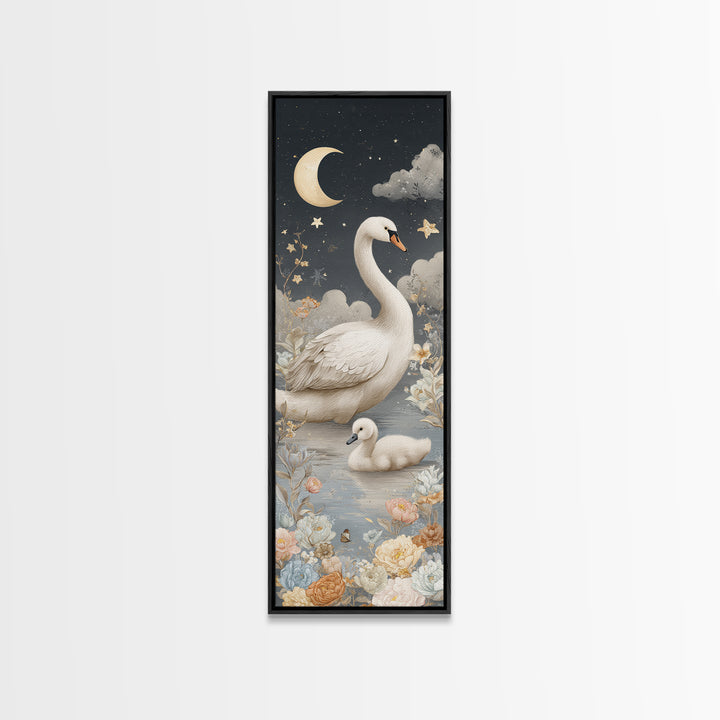 Swan and Cygnet Framed Canvas Print, Nursery Art, Wall Decor, Nursery Decor, Nursery 352, Playroom Decor, Wall Art Set of, NUR-1x3-52