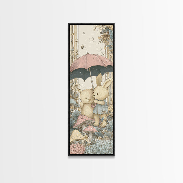 Bear and Rabbit Sharing Umbrella Framed Canvas Print, Nursery Art, Neutral Decor, Nursery Decor, Fine Art, Nursery, Wall Decor, NUR-1x3-53