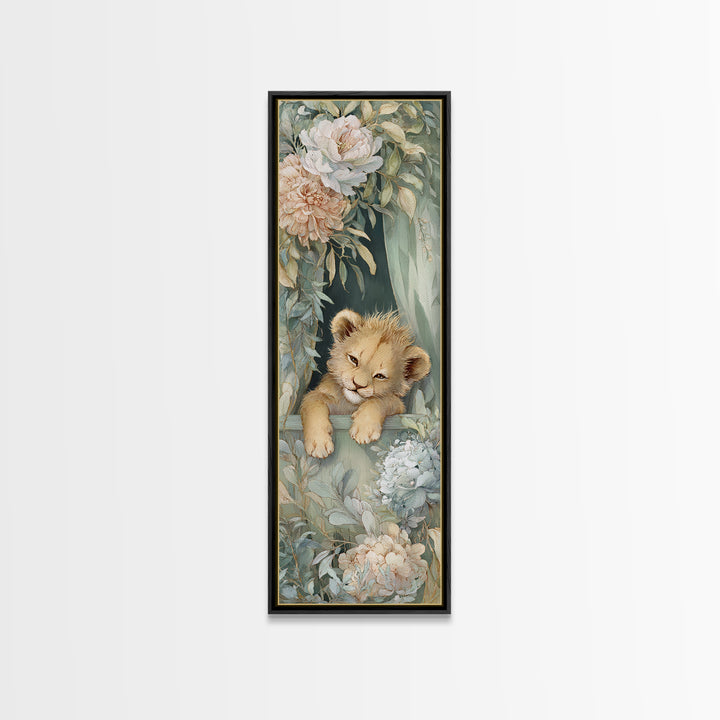 Lion Cub with Soft Golden Mane Framed Canvas Print, Nursery Art, Boho Decor, Nursery Decor, Oil Painting, Nursery, NUR-1x3-69