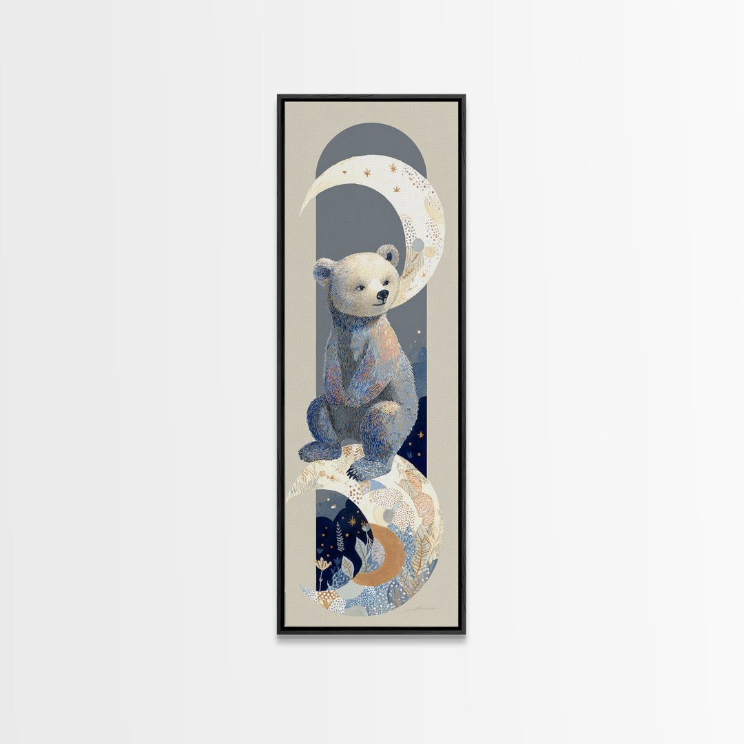 Baby Bear Floating on a Crescent Moon Canvas Print, Nursery Art, Luxury Decor, Nursery Decor, Oil Painting, Nursery, NUR-1x3-90