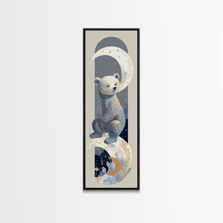 Baby Bear Floating on a Crescent Moon Canvas Print, Nursery Art, Luxury Decor, Nursery Decor, Oil Painting, Nursery, NUR-1x3-90