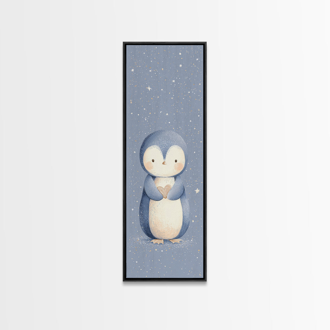 Penguin Holding a Little Heart Shape Canvas Print, Nursery Art, Modern Decor, Nursery Decor, Abstract Art, Nursery, Art Print, NUR-1x3-94