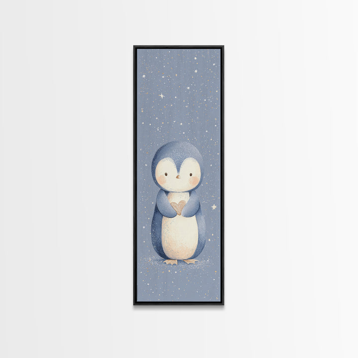 Penguin Holding a Little Heart Shape Canvas Print, Nursery Art, Modern Decor, Nursery Decor, Abstract Art, Nursery, Art Print, NUR-1x3-94