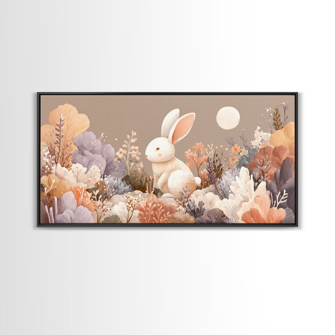 Soft Bunny in a Wildflower Meadow Framed Canvas Print, Nursery Art, Wall Decor, Nursery Decor, Oil Painting, Nursery, NUR-2x1-1