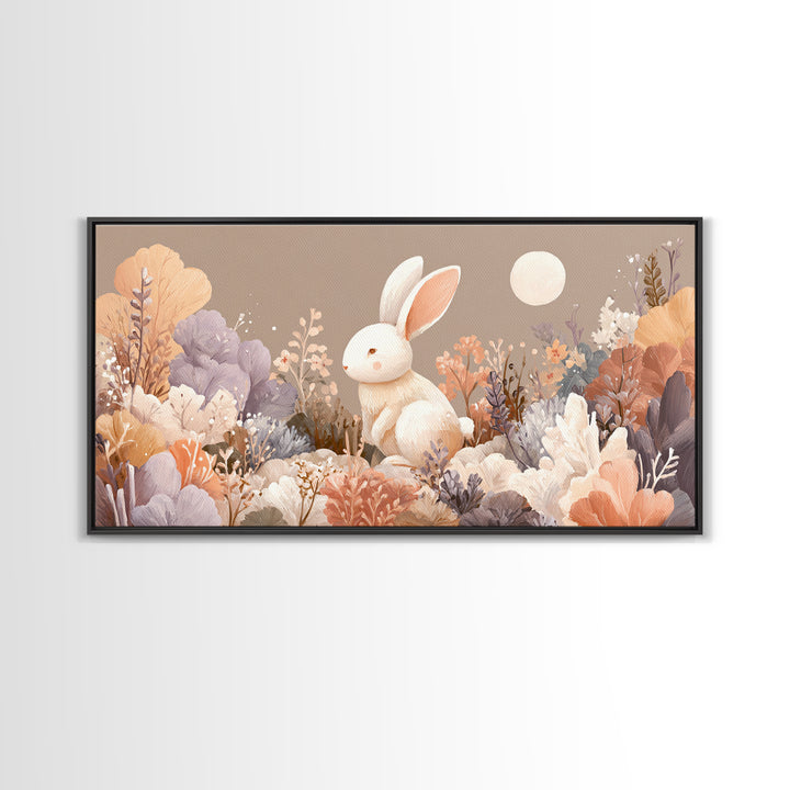 Soft Bunny in a Wildflower Meadow Framed Canvas Print, Nursery Art, Wall Decor, Nursery Decor, Oil Painting, Nursery, NUR-2x1-1