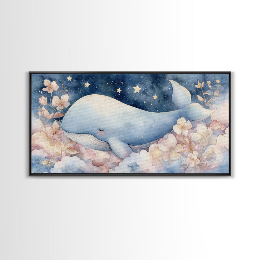 Whale and Tiny Stars Framed Canvas Print, Nursery Art, Playroom Wall Decor, Nursery Decor, Fine Art, Nursery, Modern Decor, NUR-2x1-100