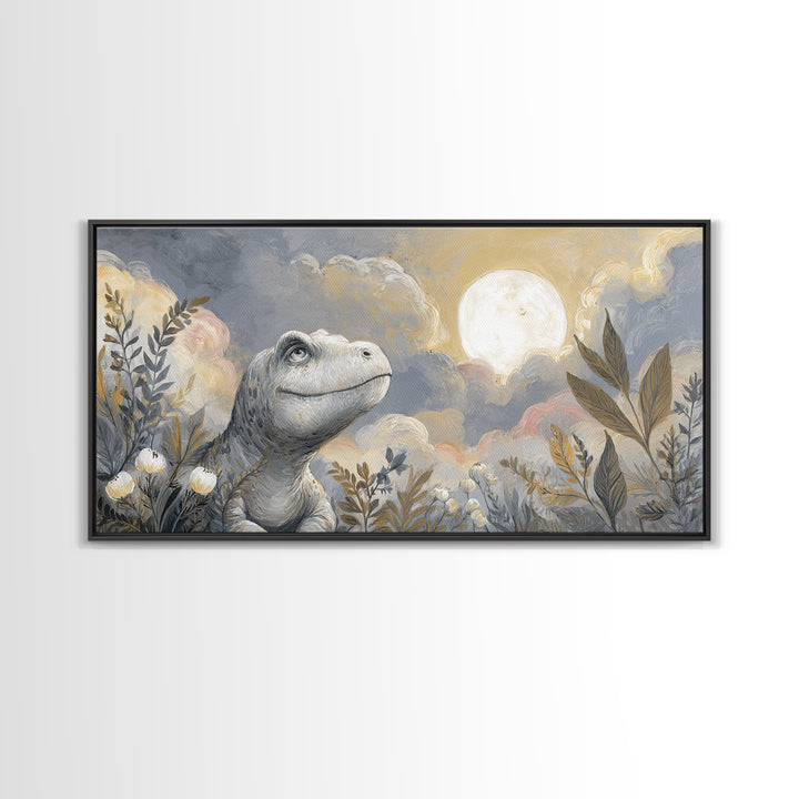 Tiny Dinosaur with Friendly Expression Framed Canvas Print, Nursery Art, Kids Wall Art, Nursery Decor, Fine Art, Nursery, NUR-2x1-11