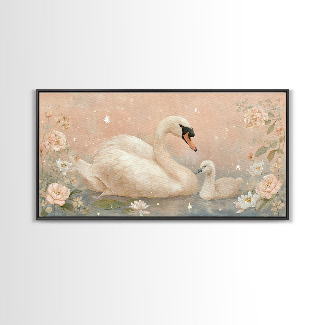 Swan and Cygnet Framed Canvas Print, Nursery Art, Luxury Decor, Nursery Decor, Nursery, Nursery Wall Art, Printable Art, NUR-2x1-12
