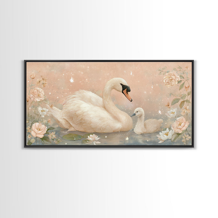 Swan and Cygnet Framed Canvas Print, Nursery Art, Luxury Decor, Nursery Decor, Nursery, Nursery Wall Art, Printable Art, NUR-2x1-12