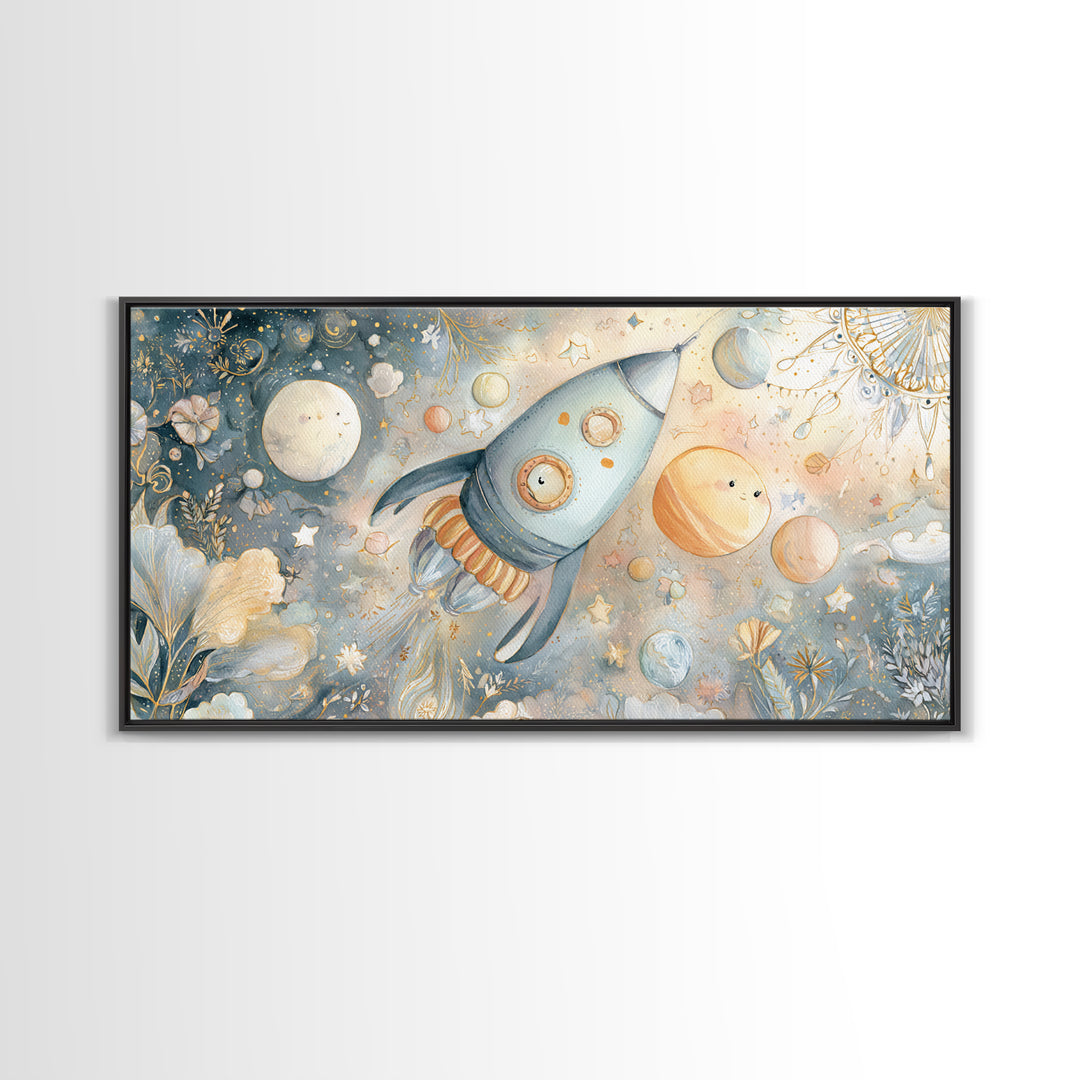 Rocket Ship and Smiling Planets Canvas Print, Nursery Art, Contemporary Art, Nursery Decor, Fine Art, Nursery, Nursery Prints, NUR-2x1-17