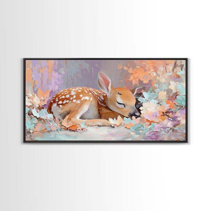 Deer Fawn Sleeping Framed Canvas Print, Nursery Art, Kids Room Wall Art, Nursery Decor, Fine Art, Nursery, Luxury Decor, NUR-2x1-19