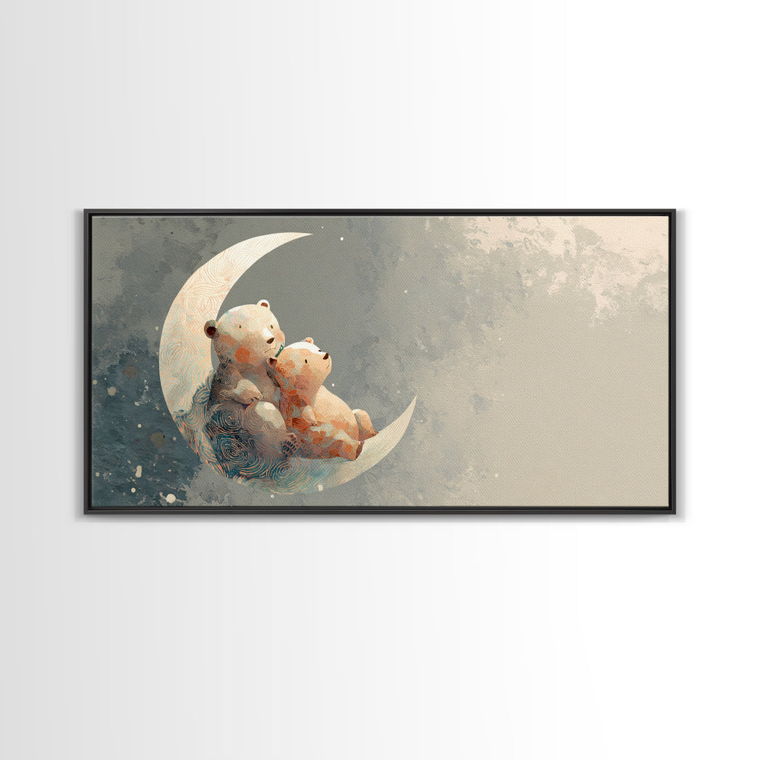 Baby Bear Floating on a Crescent Moon Canvas Print, Nursery Art, Boho Decor, Nursery Decor, Abstract Art, Nursery, NUR-2x1-2