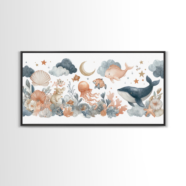 Friendly Ocean Creatures Framed Canvas Print, Nursery Art, Fine Art Print, Nursery Decor, Watercolor Art, Nursery, Digital Art, NUR-2x1-20