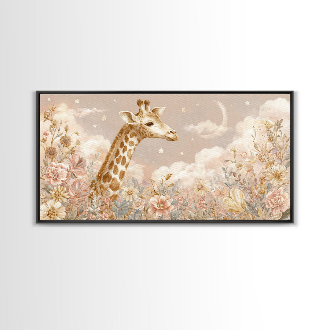 Gentle Giraffe with Pastel Flowers Canvas Print, Nursery Art, Statement Artwork, Nursery Decor, Fine Art, Nursery, NUR-2x1-22