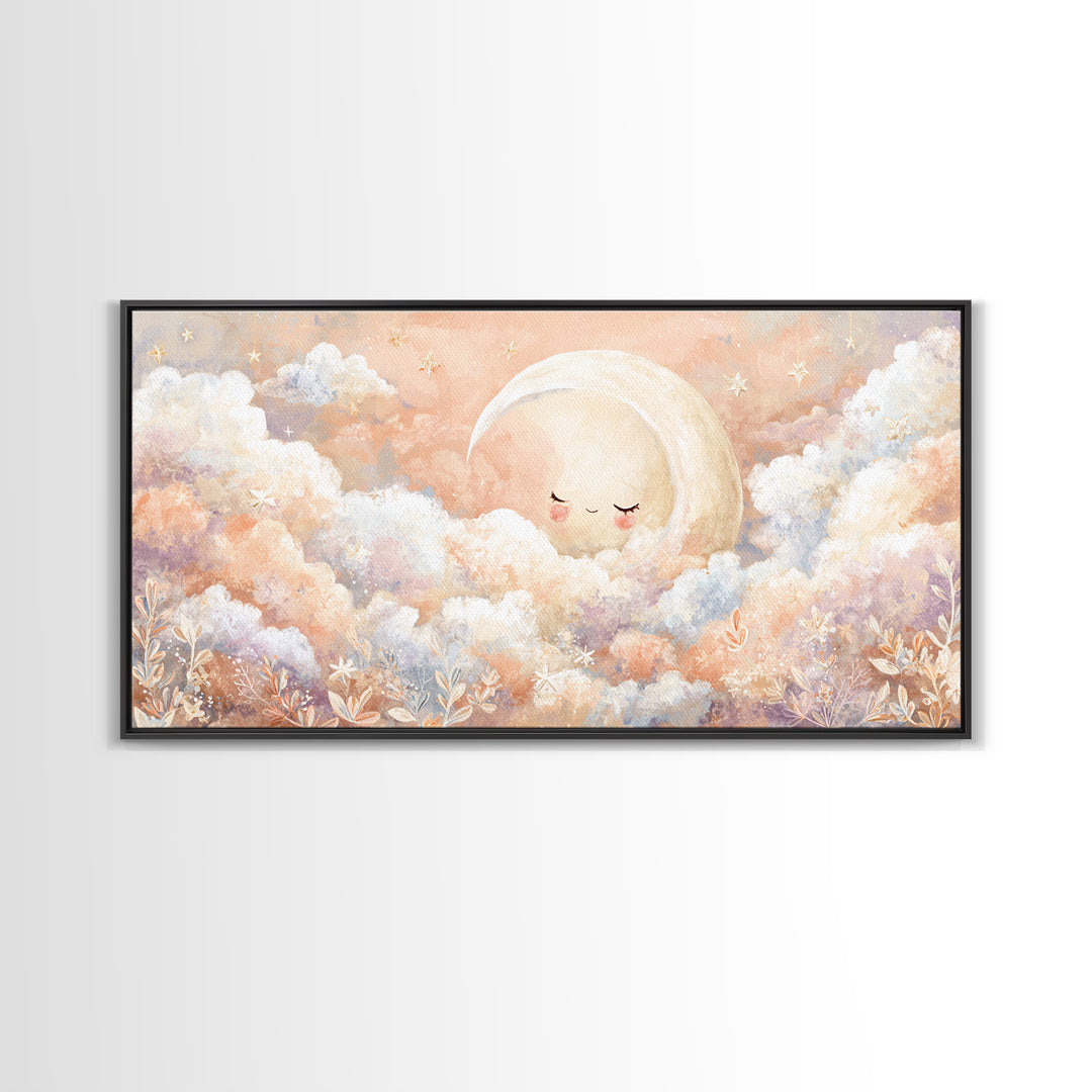 Moon and Stars Framed Canvas Print, Nursery Art, Nursery Decor, Watercolor Art, Nursery, Kids Wall Art, Woodland Nursery, NUR-2x1-23