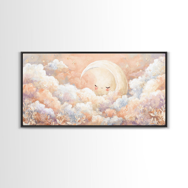 Moon and Stars Framed Canvas Print, Nursery Art, Nursery Decor, Watercolor Art, Nursery, Kids Wall Art, Woodland Nursery, NUR-2x1-23