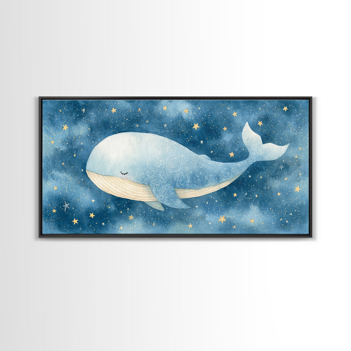 Whale and Tiny Stars Framed Canvas Print, Nursery Art, Minimalist Decor, Nursery Decor, Fine Art, Nursery, Nursery Wall Decor, NUR-2x1-28