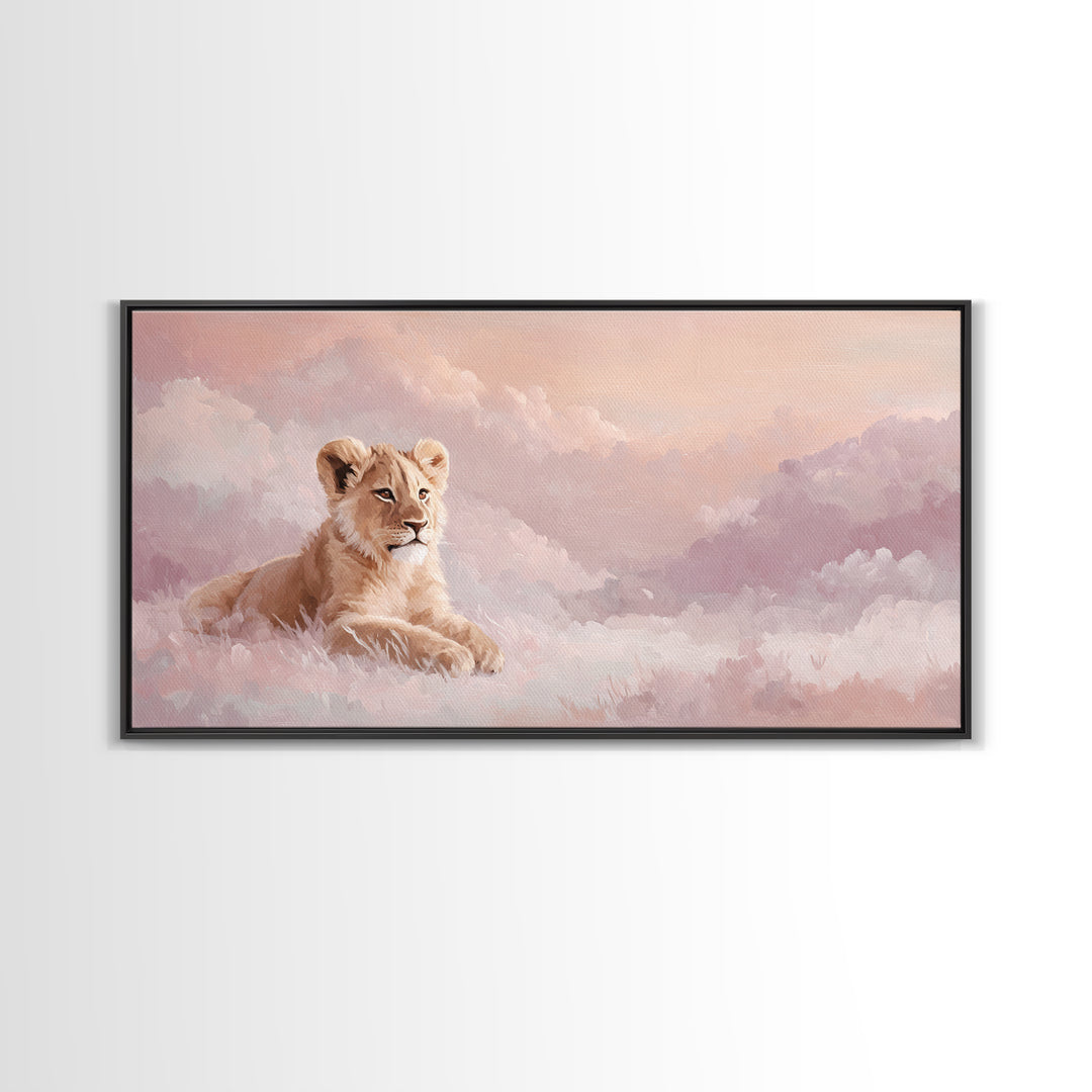 Lion Cub with Soft Golden Mane Framed Canvas Print, Nursery Art, Nursery Decor, Watercolor Art, Nursery 129, Wall Art Set of, NUR-2x1-29
