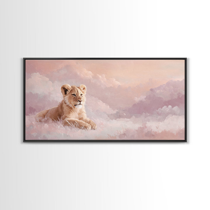 Lion Cub with Soft Golden Mane Framed Canvas Print, Nursery Art, Nursery Decor, Watercolor Art, Nursery 129, Wall Art Set of, NUR-2x1-29