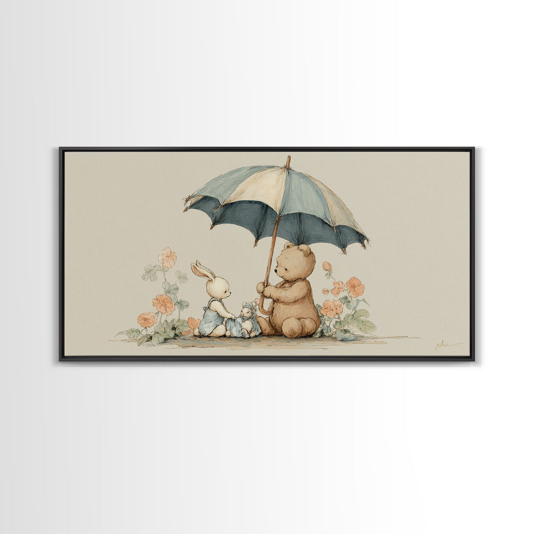 Bear and Rabbit Sharing Umbrella Framed Canvas Print, Nursery Art, Minimalist Decor, Nursery Decor, Fine Art, Nursery, NUR-2x1-37
