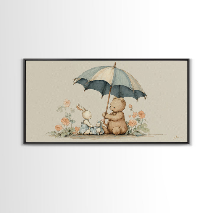 Bear and Rabbit Sharing Umbrella Framed Canvas Print, Nursery Art, Minimalist Decor, Nursery Decor, Fine Art, Nursery, NUR-2x1-37