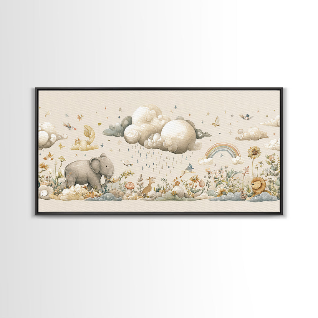Clouds and Raindrops Framed Canvas Print, Nursery Art, Fine Art Print, Nursery Decor, Fine Art, Nursery, Digital Art, NUR-2x1-42