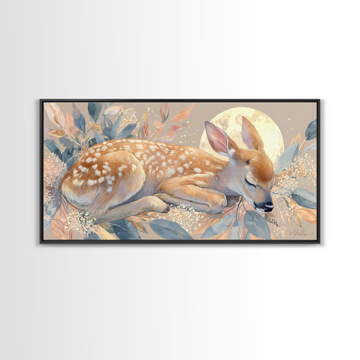 Deer Fawn Sleeping Framed Canvas Print, Nursery Art, Wall Hangings, Nursery Decor, Fine Art, Nursery, Digital Download Art, NUR-2x1-43