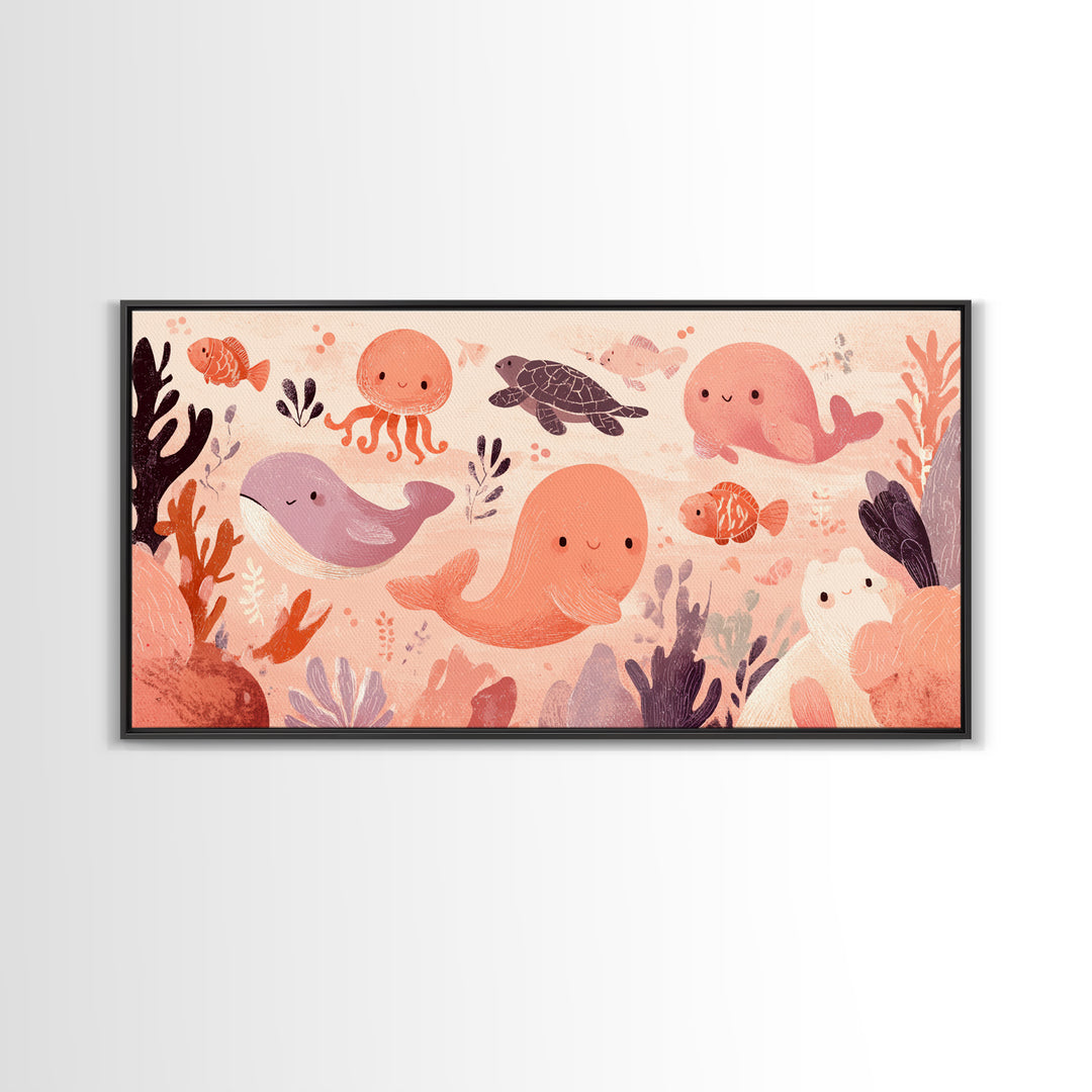 Friendly Ocean Creatures Canvas Print, Nursery Art, Textured Painting, Nursery Decor, Fine Art, Nursery, Wall Art Print, NUR-2x1-44