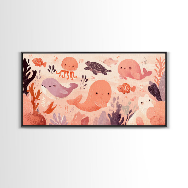 Friendly Ocean Creatures Canvas Print, Nursery Art, Textured Painting, Nursery Decor, Fine Art, Nursery, Wall Art Print, NUR-2x1-44