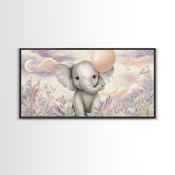 Sleepy Baby Elephant Holding a Tiny Balloon Framed Canvas Print, Nursery Art, Nursery Decor, Fine Art, Nursery, Kids Wall Art, NUR-2x1-45