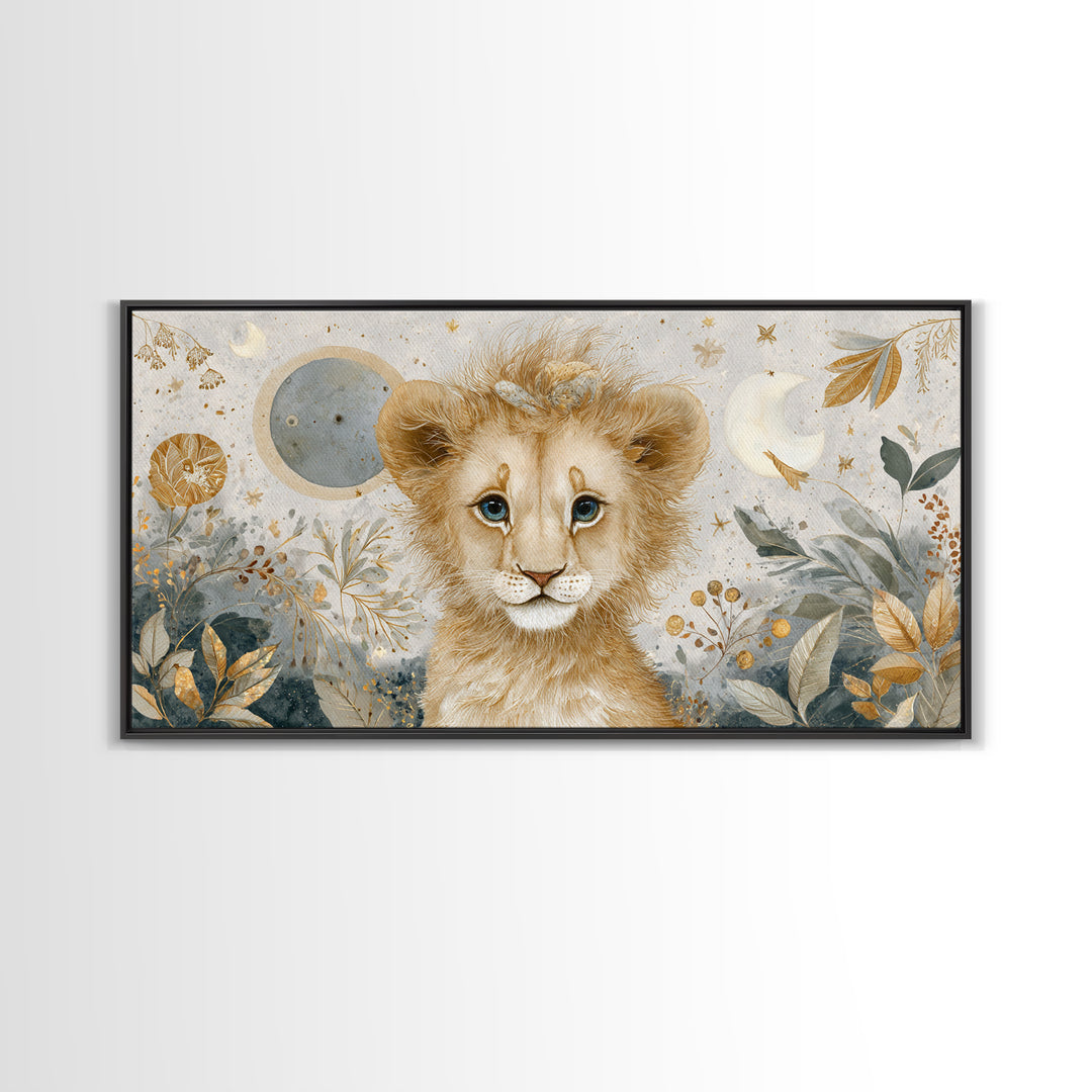 Lion Cub with Soft Golden Mane Framed Canvas Print, Nursery Art, Nursery Decor, Watercolor Art, Nursery 105, Wall Art Set of, NUR-2x1-5