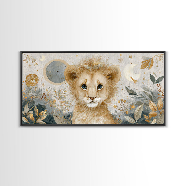Lion Cub with Soft Golden Mane Framed Canvas Print, Nursery Art, Nursery Decor, Watercolor Art, Nursery 105, Wall Art Set of, NUR-2x1-5