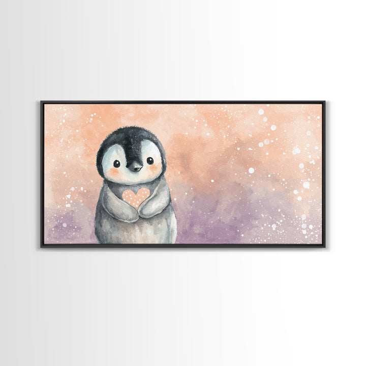 Penguin Holding a Little Heart Shape Canvas Print, Nursery Art, Contemporary Art, Nursery Decor, Abstract Art, Nursery, NUR-2x1-54
