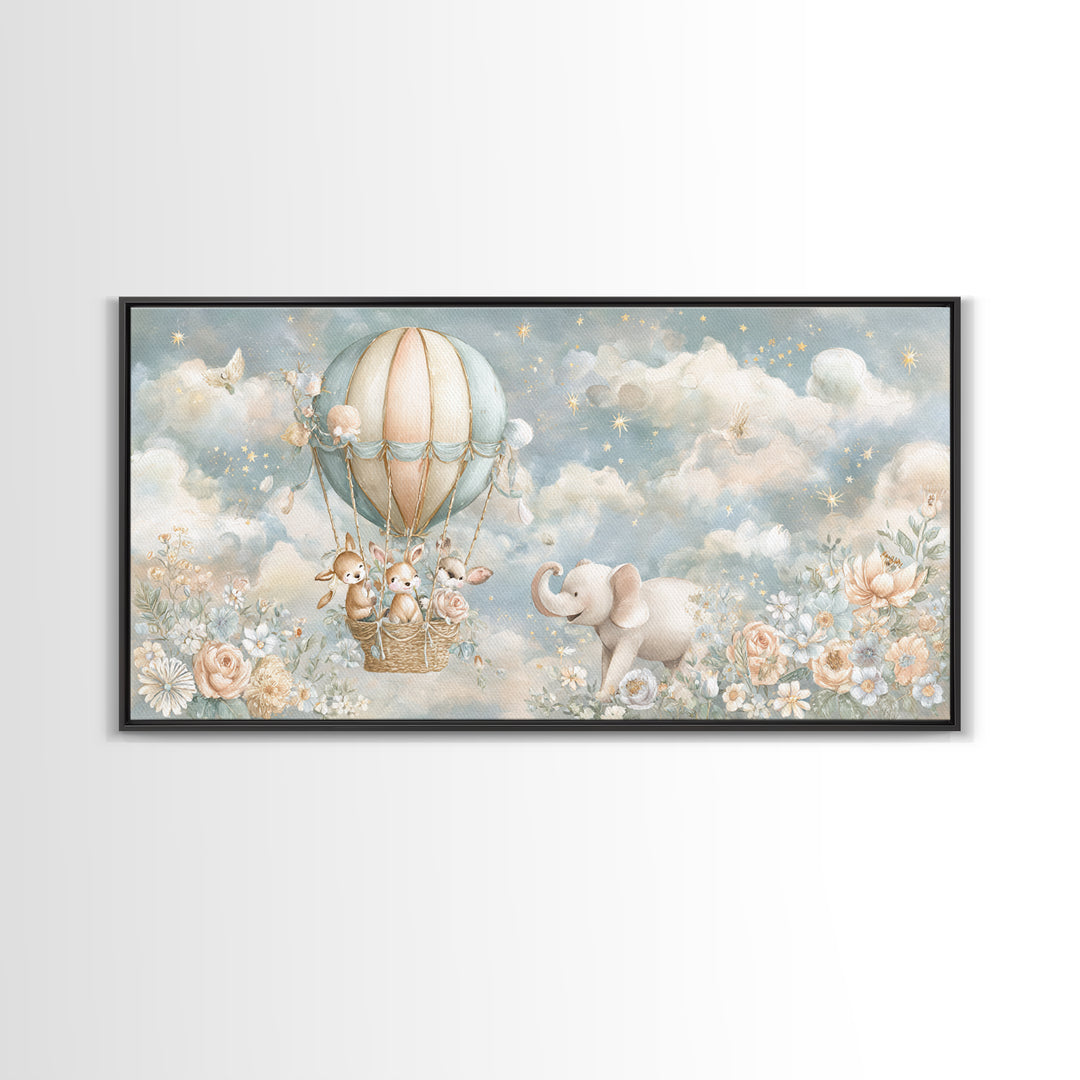 Floating Hot Air Balloon Framed Canvas Print, Nursery Art, Wall Hangings, Nursery Decor, Nursery, Digital Download Art, NUR-2x1-56