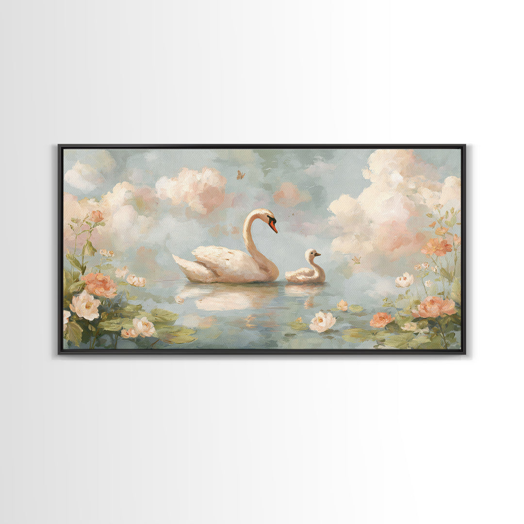 Swan and Cygnet Framed Canvas Print, Nursery Art, Nursery Decor, Oil Painting, Nursery, Kids Wall Art, Woodland Nursery, NUR-2x1-60
