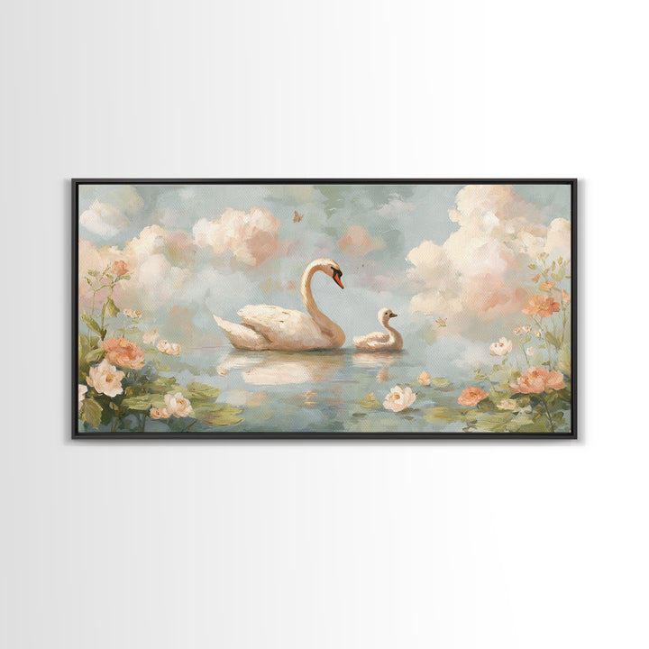 Swan and Cygnet Framed Canvas Print, Nursery Art, Nursery Decor, Oil Painting, Nursery, Kids Wall Art, Woodland Nursery, NUR-2x1-60