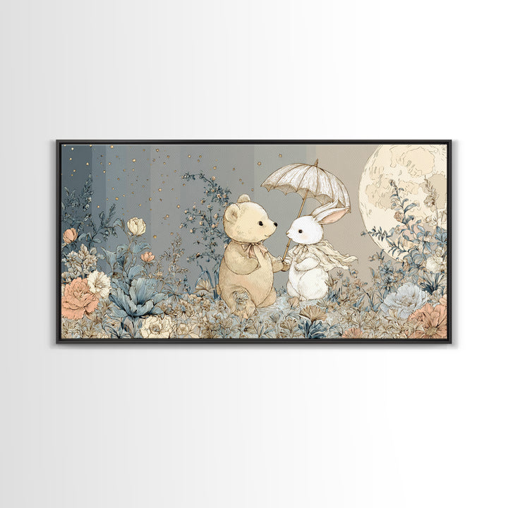 Bear and Rabbit Sharing Umbrella Canvas Print, Nursery Art, Printable Wall Art, Nursery Decor, Nursery, Butterfly Wall Art, NUR-2x1-61