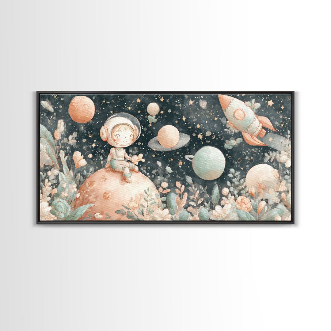 Rocket Ship and Smiling Planets Framed Canvas Print, Nursery Art, Wall Hangings, Nursery Decor, Abstract Art, Nursery, NUR-2x1-65