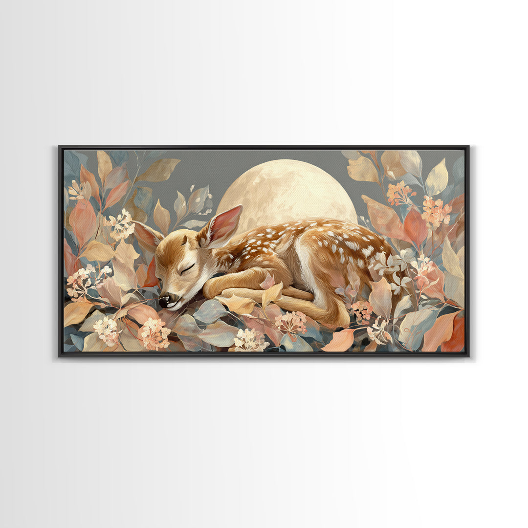 Deer Fawn Sleeping Framed Canvas Print, Nursery Art, Kids Room Art, Nursery Decor, Fine Art, Nursery, Textured Painting, NUR-2x1-67