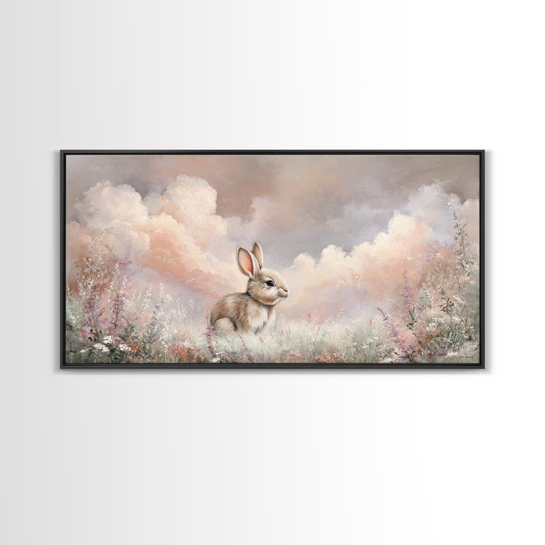 Soft Bunny in a Wildflower Meadow Canvas Print, Nursery Art, Nursery Wall Art, Nursery Decor, Watercolor Art, Nursery, NUR-2x1-73